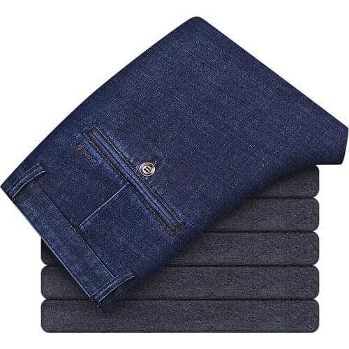 2021 Winter Loose Fit New Mens Fleece Jeans Business Fashion Black Blue Warm Thick Denim Pants Straight Legs Male Brand
