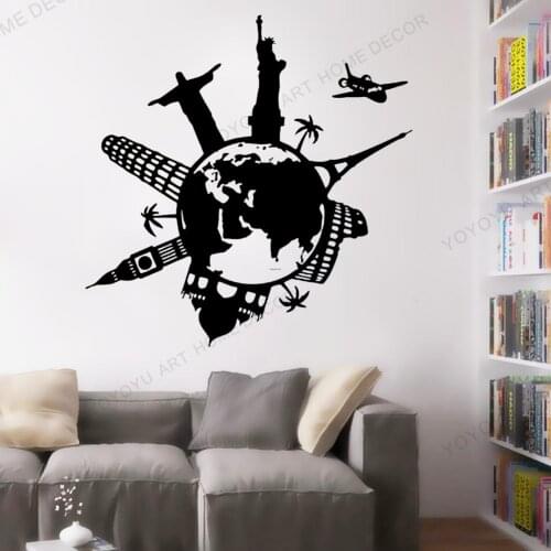 Removable Vinyl Sticker Mural Decal Wallpaper World Map Travel City Skyline Silhouette Continents Vacation Earth Geographie rb47