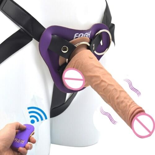 FAAK remote control Pulse Vibrating strapon Dildo Silicone genuine leather straps on reaslitic penis adjustable belt sex toys