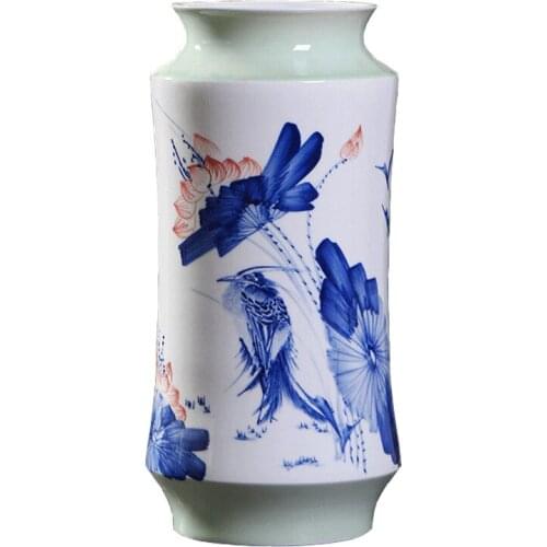 Classic Modern Jingdezheng Handpaint Lotus Plum Landscape Wide Mouth Bottle Ceramic Flower Vase Home Decoration Ornaments