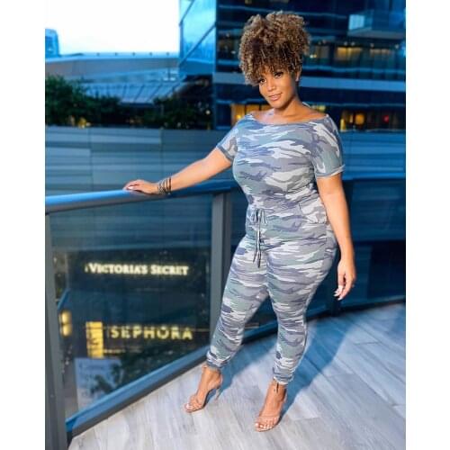 Womens Summer Jumpsuits Casual Short sleeve Camouflage Slim-fit Jumpsuit Elasitic Waist Romper with Pockets