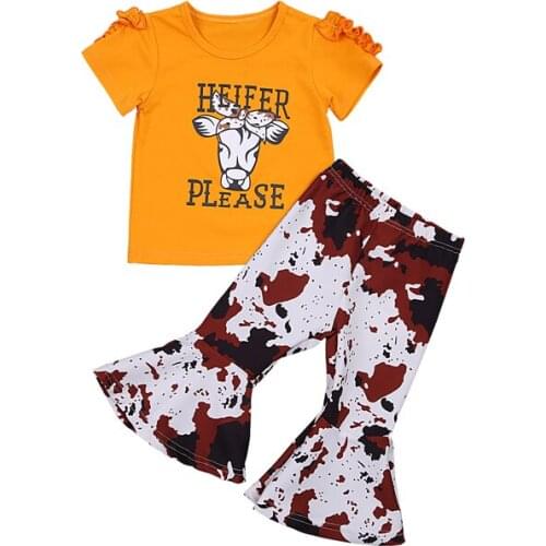 Summer Kids Girls Clothes Sets Cartoon Cow Head Letter Print Short Sleeve T-shirts and Tie Dye Long Flared Pants Clothing Suit