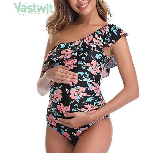 Maternity Tank Asymmetric One Shoulder Swimsuit Pregnancy Floral Printed One Piece Falbala Pregnant Women Swimming Suit Swimwear