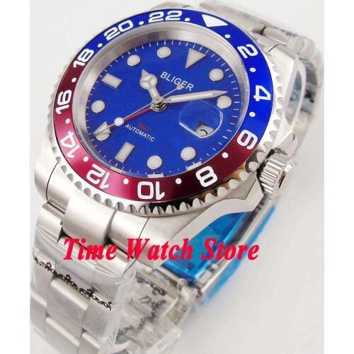 40mm Bliger GMT Automatic Mens watch blue dial luminous sapphire glass turning bezel date window SS bracelet175