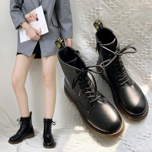 New Vogue Solid Black Leather Boots Female Motorcycle Boots Lace Up Zipper Ankle Boots for Women Shoes Woman Platform Shoes