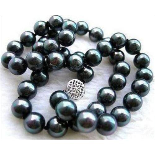 NEW REAL 10MM BLACK SEA SHELL PEARL NECKLACE 17 inch AAA