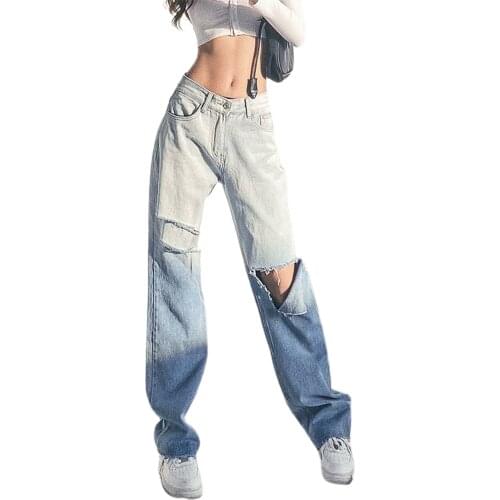 New Ladies High Waist Elastic Tie Dye Broken Hole Jeans Fashion Sexy Female Printing Long Pants Overalls High Street Trousers