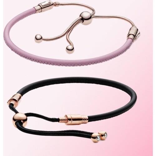 QANDOCCI 2020 New 925 Sterling Silver Moments Black Pink Leather Slider Bracelet Womens Charm Jewelry Free Shipping Wholesale