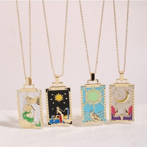 New Hip Pop Necklace Tarot Jewelry Colorful Rectangular Sun Mermaid Moon Painted Amulet Pendant Necklaces For Women Men Gift