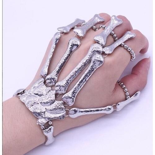 Punk Gothic Skull Bracelet Hand Bone Bangles Flexible Metal Bracelets For Women Men Nightclub Party Hip Hop Jewelry