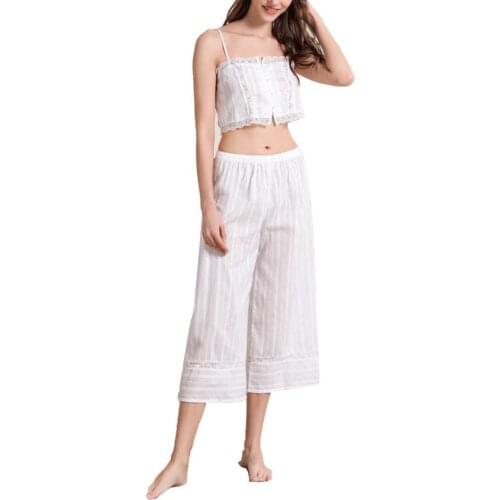 Pajama Sets Sexy Women Leisure elegance Lace Brim Crop Top Loose Wide Leg Capri Pants Sleepwear Pajama Set Womens Sleep 2021