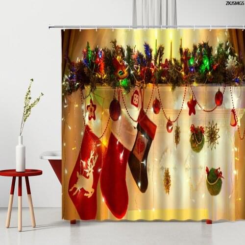 Christmas Series Shower Curtains Rope Ball Xmas Socks Snowman Santa Claus Snowflake Party Decor Washable Home Bathroom Supplies