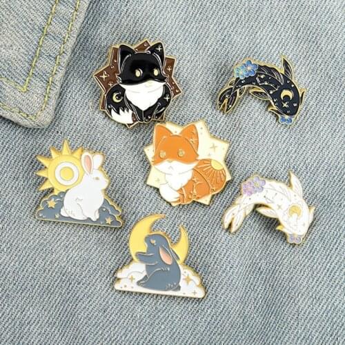 Sun & Moon Couple Animals Enamel Pins Custom Fox Rabbit Fish Brooch Lapel Badge Bag Cartoon Jewelry Gift for Kid Friend
