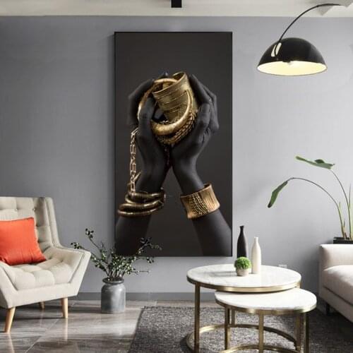 Modern Black and Gold Hand Bracelet Painting on Canvas African Art Cuadros Posters and Prints Wall Art Picture for Living Room