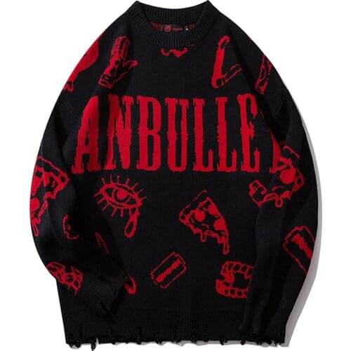 Hip-Hop Harajuku Knitted Sweaters Men Letters Graffiti Ripped Sweater Vintage Casual Loose Pullovers Streetwear Unisex Autumn