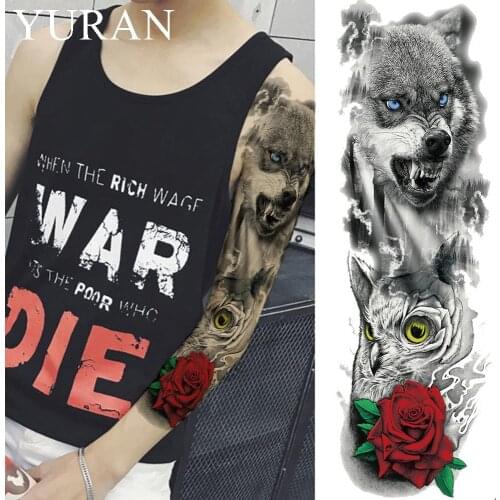 Roar Black Wolf Temporary Tattoo Men Full Shoulder Art Tattoo Stickers Owl Flower Waterproof Tatto Women Legs Large Arm Decal