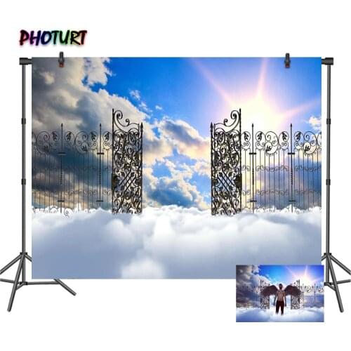 PHOTURT Heaven Gate Backdrop Wedding BedRoom Decoration Background Shinny Clouds Blue Sky Vinyl Polyester Photography Props