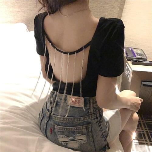 Women T-shirt New Fashion Short Summer Halternecks Sex Diamond Chiffon Solid O-Neck Sexy & Club Women Tops Euro-America Style