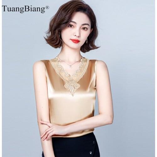 2021 Lace Embroidery V-Neck Women Satin T-Shirt Fashion Sexy Elegant Sleeveless Tshirt Female Summer Blue Burgundy Slim Vest Top