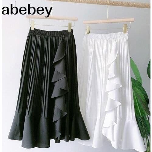 Elegant Mermaid Ruffles Skirt Women 2021 Fashionable Black White Big Hem High Waist Pleated Midi Long Skirt Female Ladies