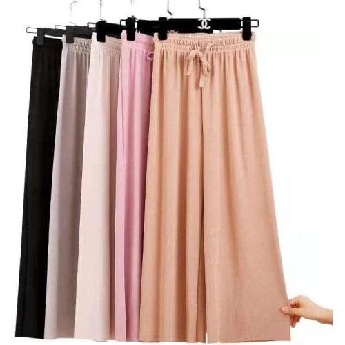 Plus Size New Korean Style Loose Casual Slim Pants Summer Fashion 2021 Wide Leg Pant Women Lattice Print High Waist Lady Pants