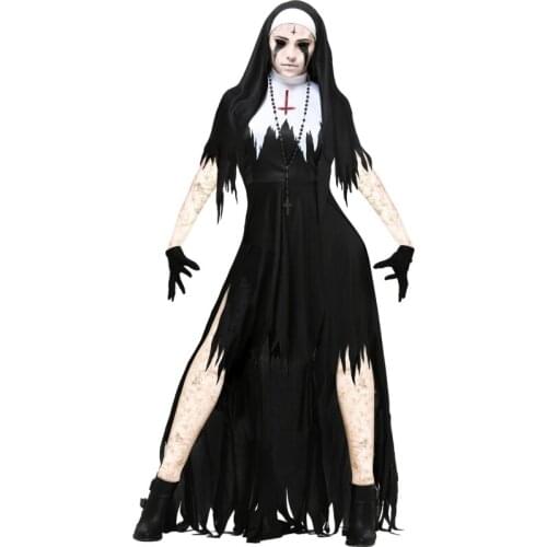 Halloween Carnival Nun Cosplay Costume Women Black Bloodsucker Fantasy Dress Terror Long Robes Female Party Dress up Uniform