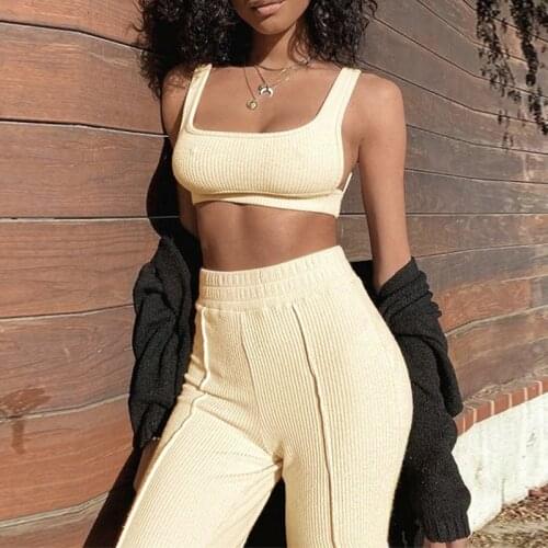 Women Yoga 2 Piece Set Ribbed Sexy Vest High Waist Elastic Trousers Fitness Suit Ladies Summer Tracksuit Female Sportwear Sets