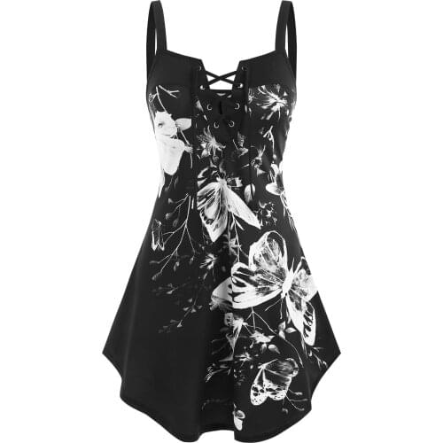 Lace Up Flower Butterfly Print Curved Hem Tank Top Women Sleeveless Corset Top Strapped Pullover Vest Tank Crop Women Clothing