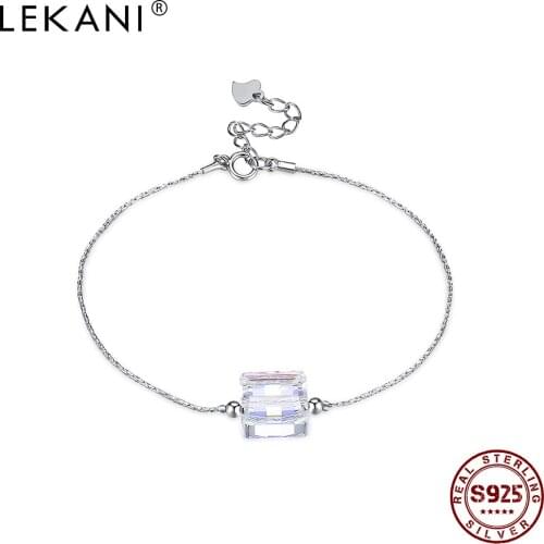 LEKANI 925 Sterling Silver Bracelet Bangle For Women Inlaid Square Austria Crystal Thin Bracelets Fine Jewelry Hot Sale Gift