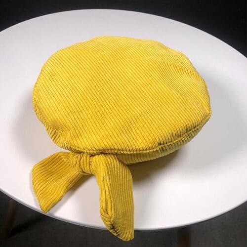 Ladies Fashion Korean Autumn And Winter Bow Octagonal Beret Outdoor Solid Corduroy Vintage Flat Top Painter Hat