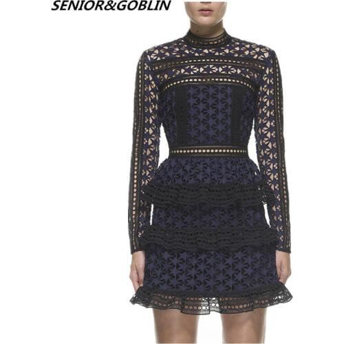 2019 New arrive High Quality Autumn Runway female blue lace dress Women Vintage Long Sleeve Hollow Out white mini Party Dresses