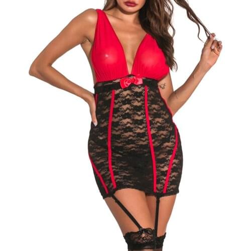Womens Retro sexy deep V lace suspender body bottoming Dress Set red lingerie sexy halloween costume school girl uniform