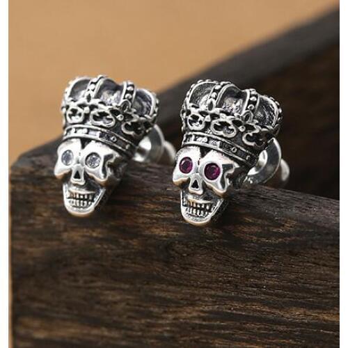 100% 925 Silver Crown Skull Earrings Sterling Silver Skeleton Stud Earrings Real Pure Silver Man Earrings Punk Man Jewelry
