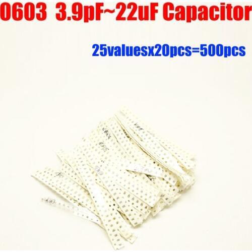 25valuesX20pcs=500pcs 0603 SMD 50V Capacitor Assortment Kit 3.9pF-22uF Pack