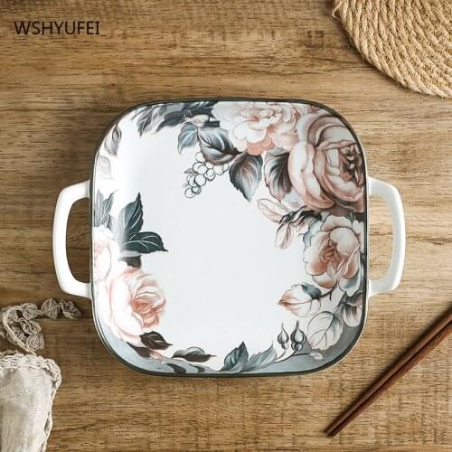 9 inch double ear square ceramic rice plate tableware, creative dessert plate, exquisite Chinese and Western ceramic tableware