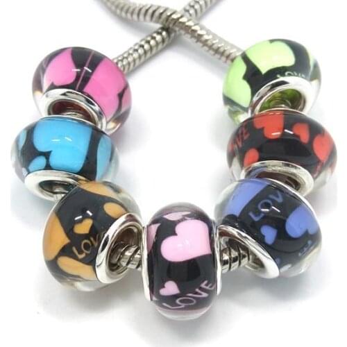 Free Shipping 50pcs silver plated core faux glass big hole round resin mix color heart beads charms fit European bracelet DIY