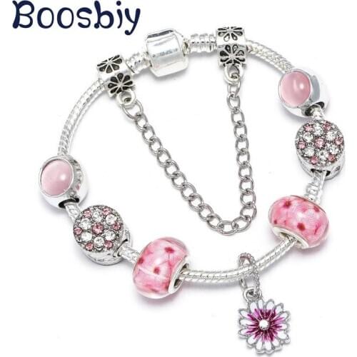 Boosbiy 2020 New Fashion High Quality Silver Plated Pink Diasy Charms Beads Fit Brand Charms Bracelets Jewelry Gift For Women