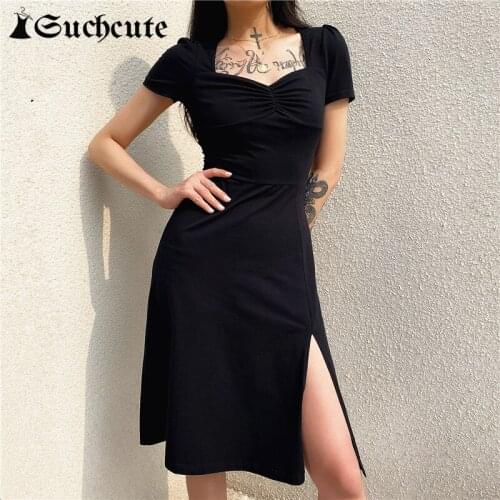 SUCHCUTE Summer Square Neck Elegant Ruched Dress Gothic Streetwear Ladies Short Sleeve Casual Solid Color Side Split Dresses
