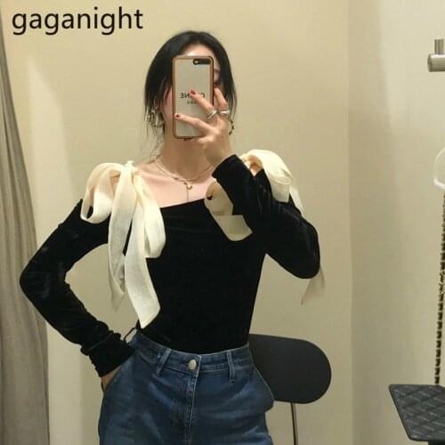 Gaganight Sexy Off Shoulder Womens Long Sleeve Slash Neck Slim Tshirts 2021 Spring Female Pure T-Shirt Ladies Bow Lace Up Tops
