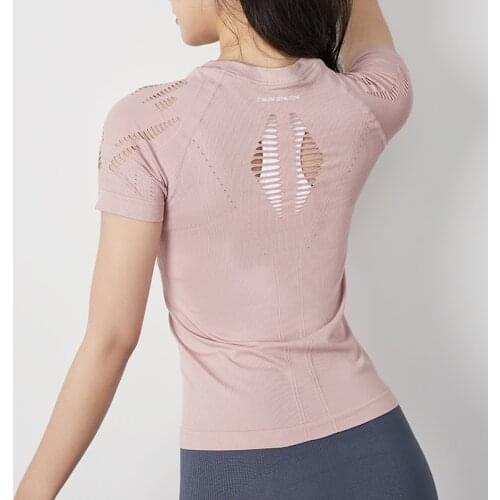 Spring&Summer Women Sports Shirts Hollow Slim Breathable Short Sleeves T Shirt Beautiful Back Running Exercise Yoga Fitness Tops