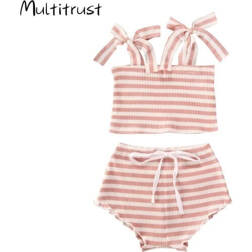 Newborn Baby Girls Striped Clothes Set Baby Summer Tie-up Shoulder Strap Top+High Waist Shorts 2Pcs Stylish Ribbed Knitted Set