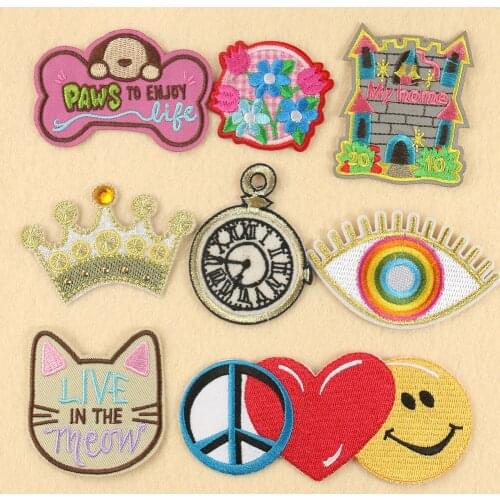 Cartoon Watch Glasses Love Flower Patches Clothing Embroidery Iron On Applique Floral for Kids Dress Clothes Cheap Patchs