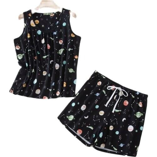 Cartoon Vest Shirt + Shorts Pajamas Suit Plus Size Home Suit Summer Pajamas 100% Cotton Sleepwear Suit Women Casual Pajama Sets