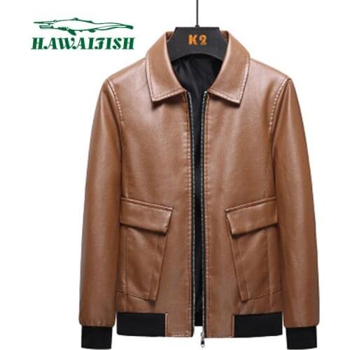 Hawaifish brand mens jacket 2021 spring and autumn stand-up collar leather jacket Korean style slim trend handsome leather coat