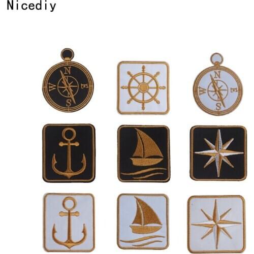 Nicediy One Piece Compass Embroidery Patch Anchor Iron On Clothing Cartoon Sailboat Patches For Clothes Stripe Applique C