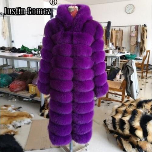 2021 New Lauching Luxurious Long Hooded Purple Fox Fur Coats Magnificent Fashion Women Real Fox Fur Outerwear