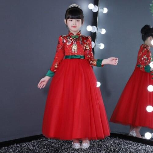 Chinese New Year Style Long Sleeve Dress Girl Kids Dresses For Girls Clothing Party Wedding Princess Dress Elegant 4-14 Years