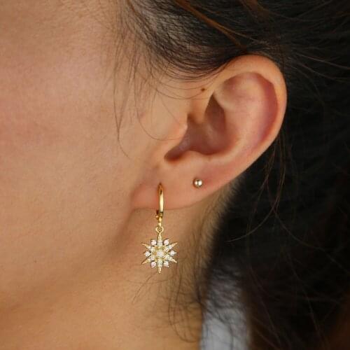 Drop shipping minimal delicate jewelry single white fire opal stone Gold filled starburst moon charm bling Cz dangle earring