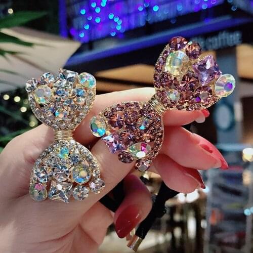 Korean Purple Crystal Rhinestone Bow Elastic Hair Band Rubber Hair Tie Hairband Jewelry Bows for Girl Headpiece Hair Accessories