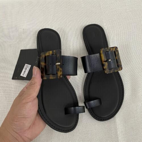 Retro Buckle Flat Bottom Women Shoes Plus Size Comfort PU Leather Fashion Female Slippers Solid Comfort Woman Outside Slides